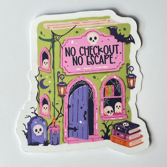 Naklejka Odklejka z serii SPOOKY DELULU  -  NO CHECKOUT. NO ESCAPE.