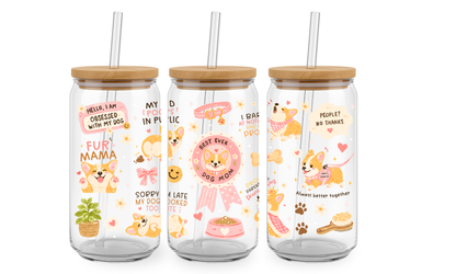 CORGI DOG MOM  - KUBEK SZKLANY ZDOBIONY ZE SŁOMKĄ I POKRYWKĄ
