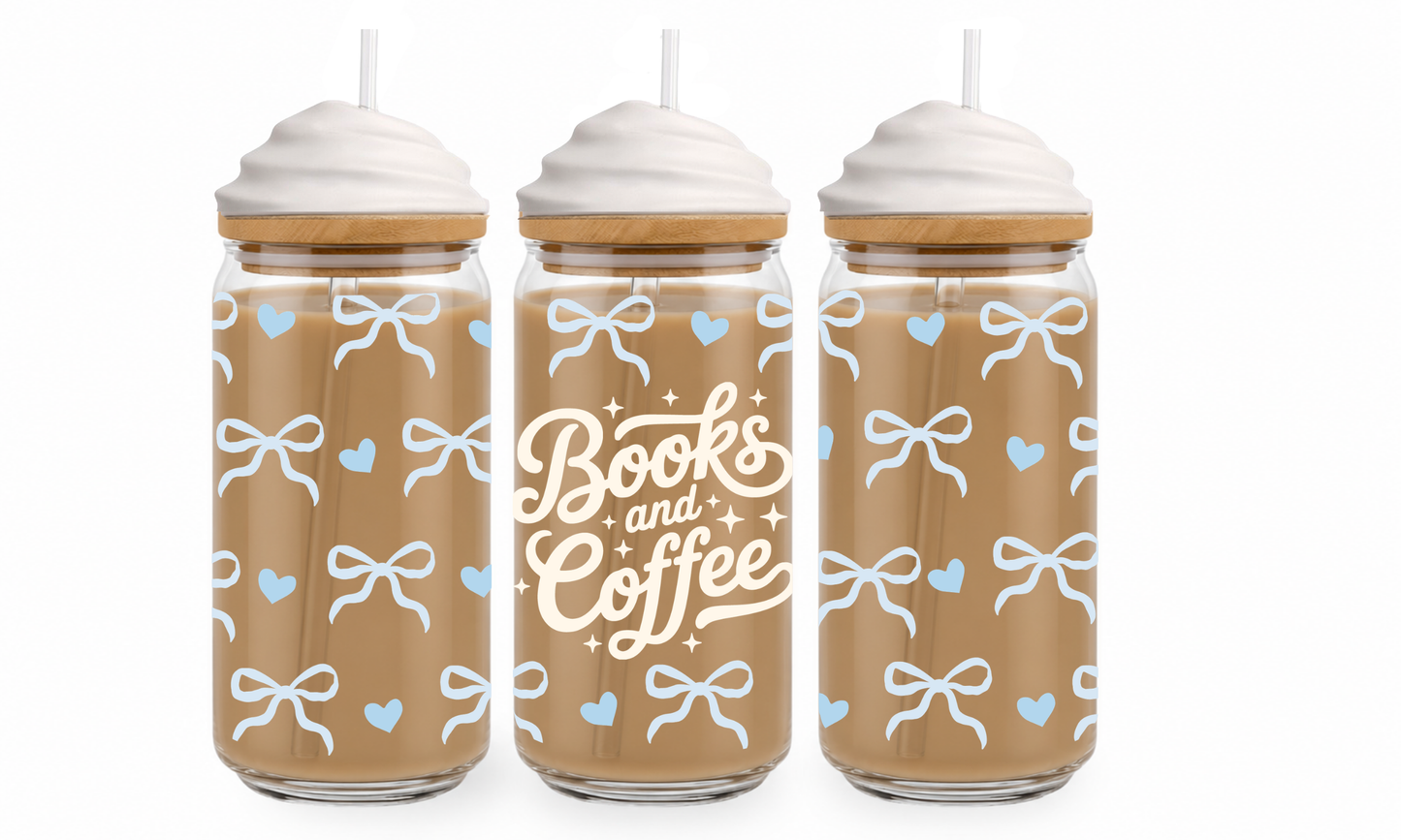 BOOKS AND COFFEE BLUE - KUBEK SZKLANY ZE SŁOMKĄ I POKRYWKĄ