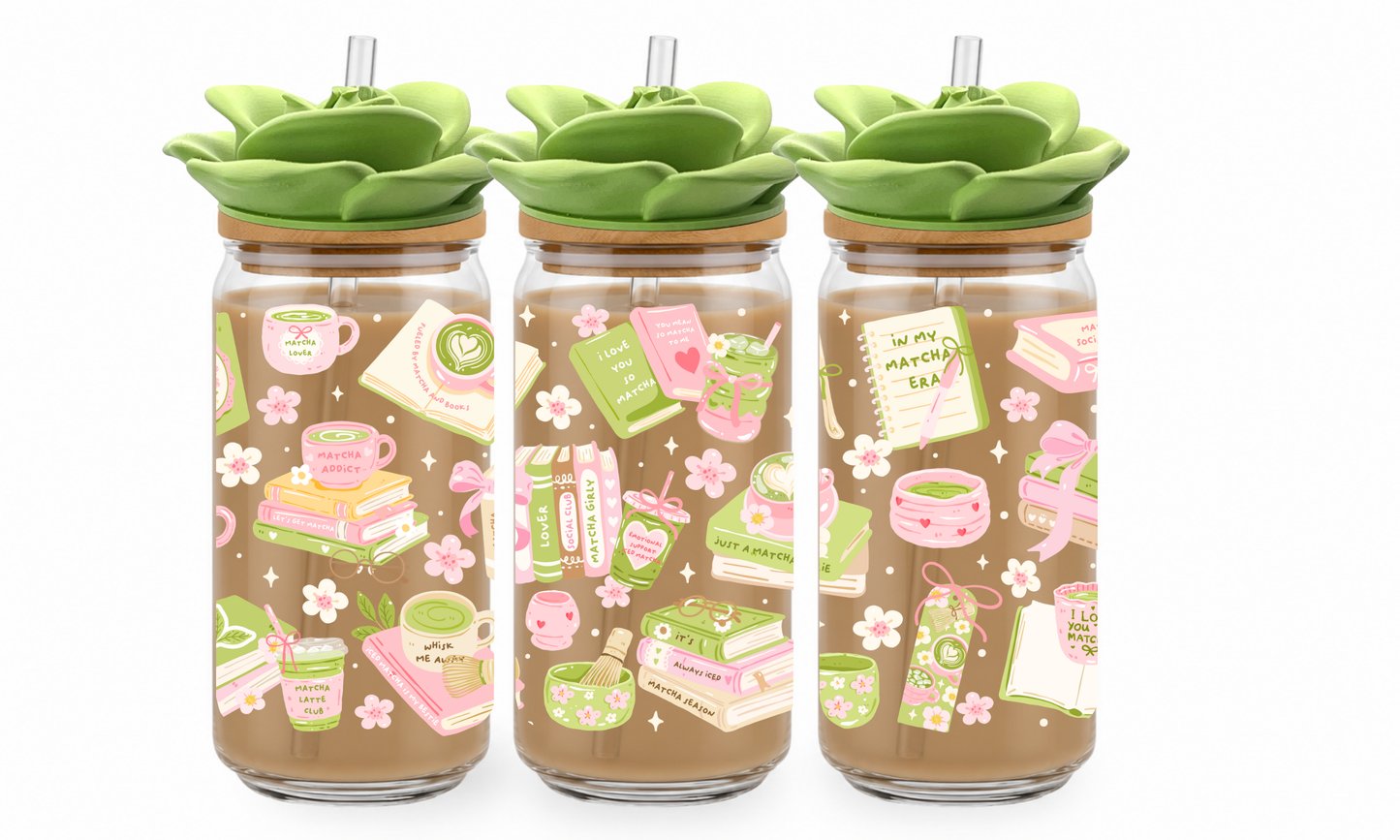 MATCHA AND BOOKS  - KUBEK SZKLANY ZDOBIONY ZE SŁOMKĄ I POKRYWKĄ